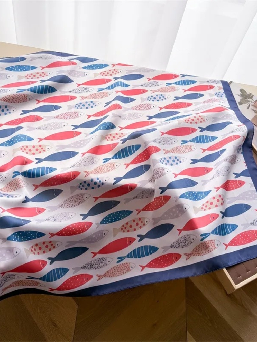 Silk-feel Fish Print Scarf in Blue & Pink 70*70cm